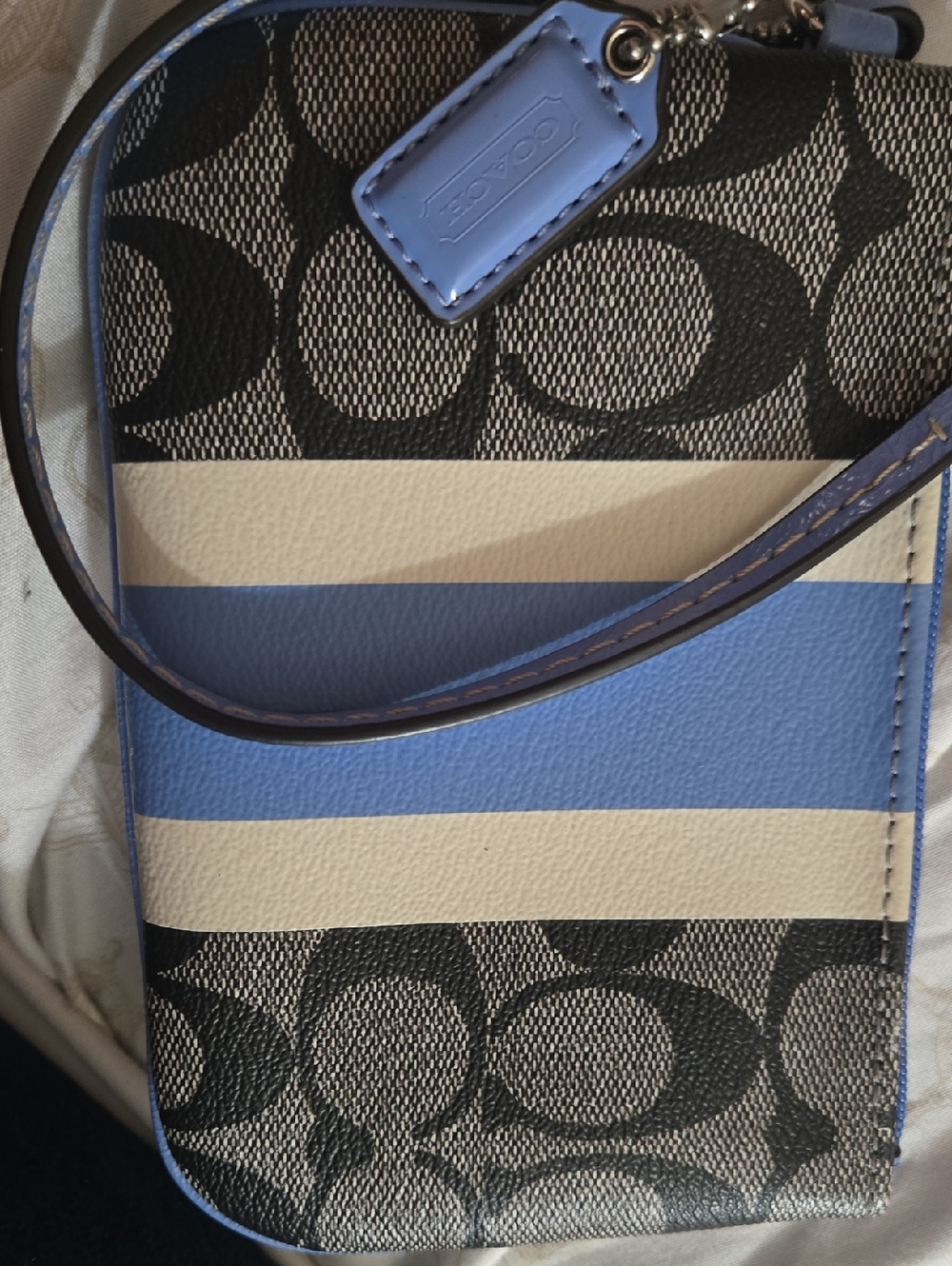 Coach Blue, Cream and Black Signature Stripe Wristlet